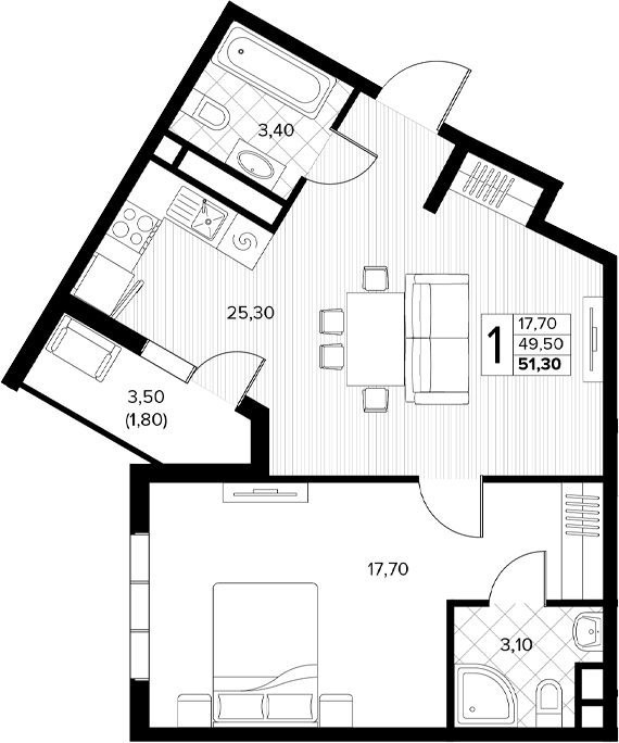 1-комн., 49.5 м², 5/8 этаж, ЖК «Кипарис»