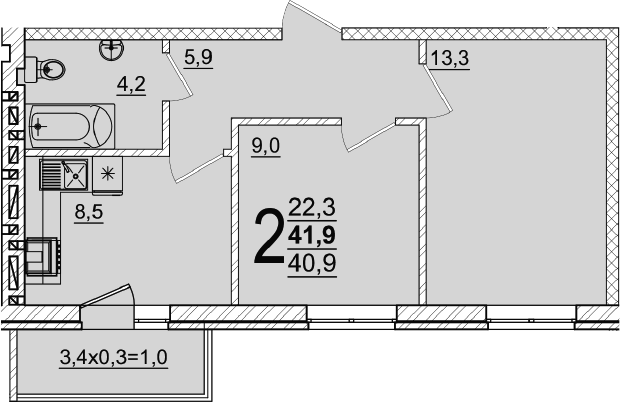 Продается 2-комн. квартира, 40.9 м²