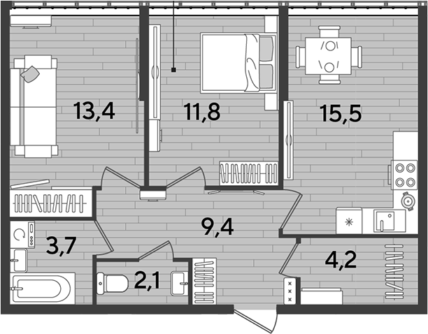 2-комн., 59.8 м², 2/16 этаж, ЖК «DОГМА ПАРК»