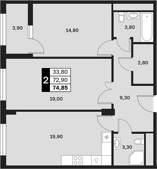 2-комн., 72.9 м², 4/15 этаж, ЖК «Аксис Патриот»