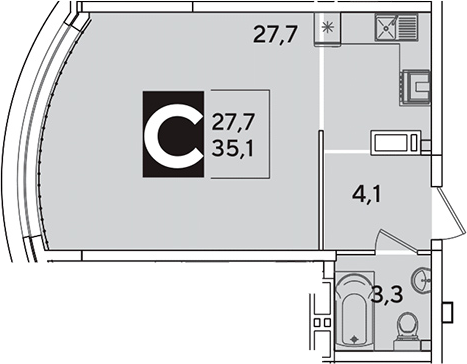 Студия, 35.1 м², 10/16 этаж, ЖК «Самолет»