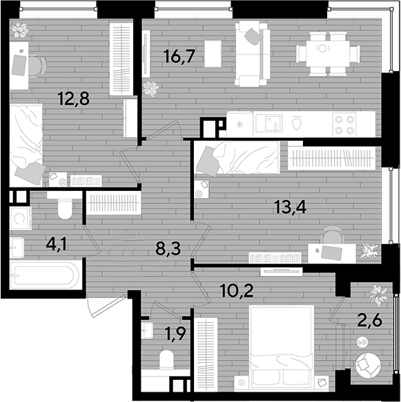 3-комн., 70 м², 6/16 этаж, ЖК «DОГМА ПАРК»