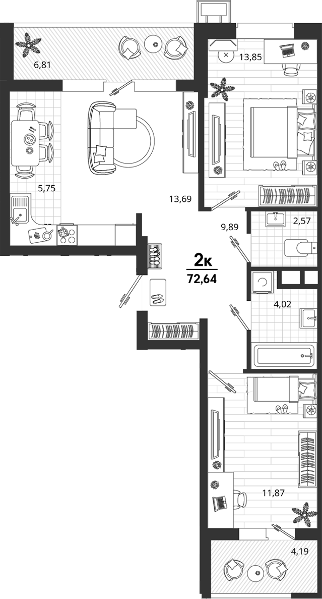 2-комн., 61.64 м², 13/18 этаж, ЖК «Родные Просторы»