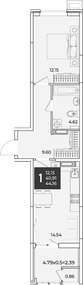 Продается 1-комн. квартира, 40.91 м²