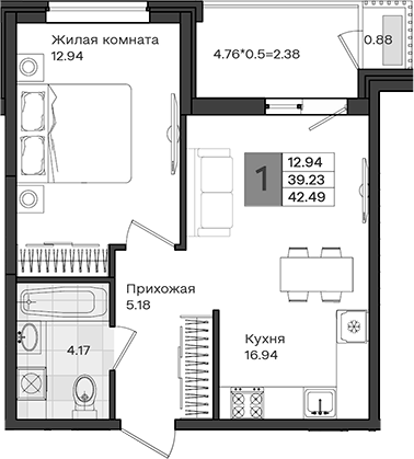 1-комн., 39.23 м², 5/8 этаж, ЖК «МОНО квартал»