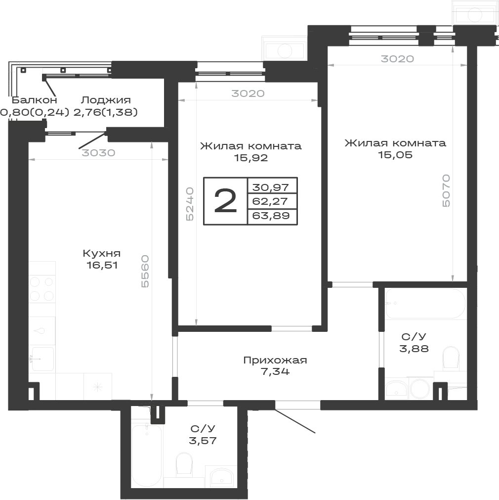 Продается 2-комн. квартира, 62.27 м²