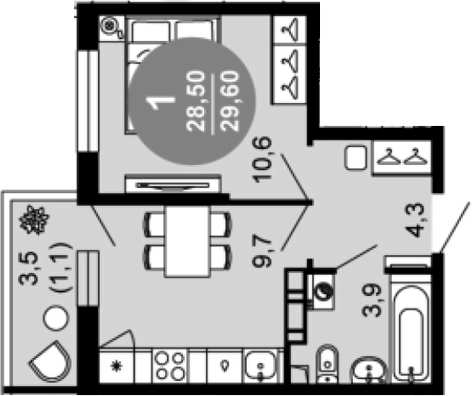 1-комн., 28.5 м², 2/12 этаж, ЖК «Флора»