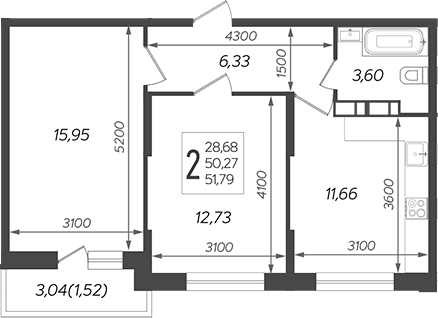 2-комн., 50.27 м², 12/19 этаж, ЖК «Смородина»