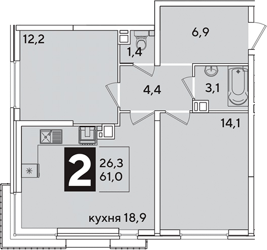 3-комн., 61 м², 8/16 этаж, ЖК «Самолет»