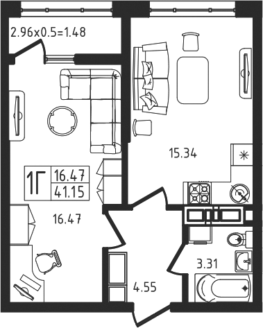 2-комн., 39.67 м², 1/9 этаж, ЖК «Яблоневый»