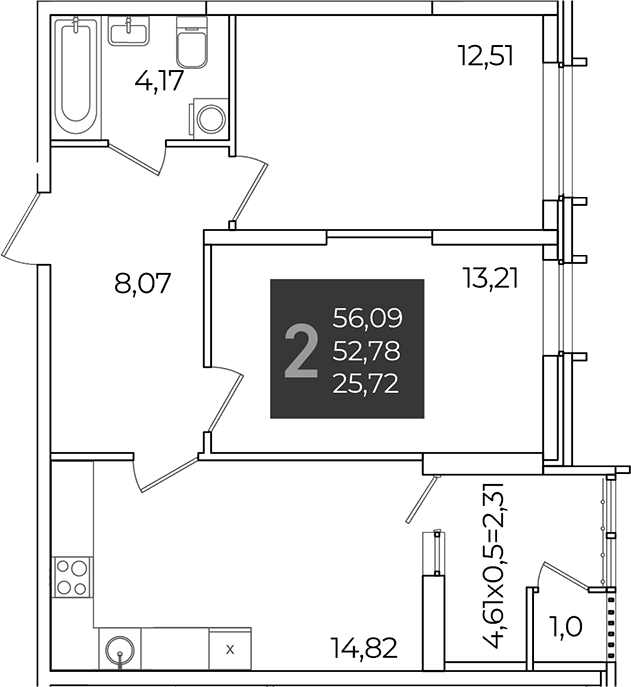 2-комн., 52.78 м², 2/21 этаж, ЖК «Образцово»