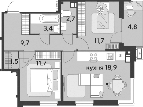 3-комн., 59.6 м², 4/18 этаж, ЖК «Парк Победы»