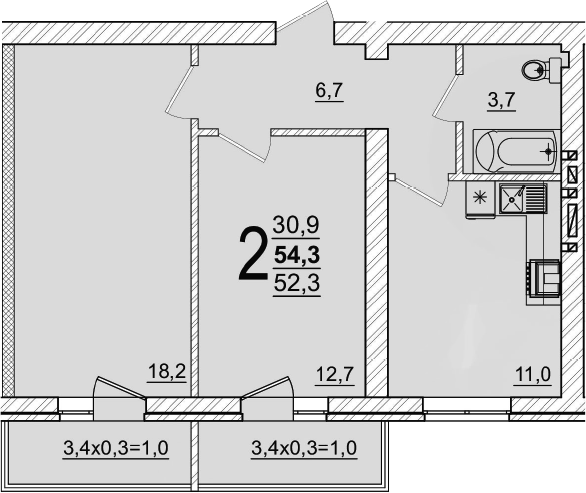 2-комн., 52.3 м², 3/5 этаж, ЖК «Дарград»