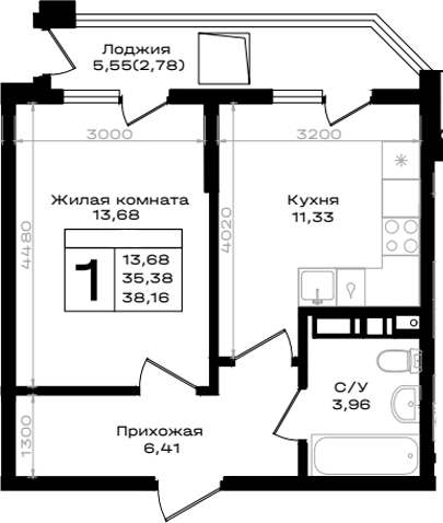 1-комн., 35.38 м², 2/9 этаж, ЖК «ЮЖНО»