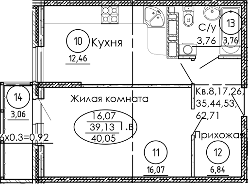 1-комн., 39.13 м², 3/9 этаж, ЖК «Рокада»