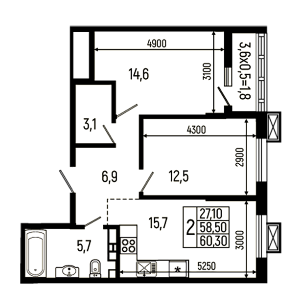 Продается 2-комн. квартира, 58.5 м²