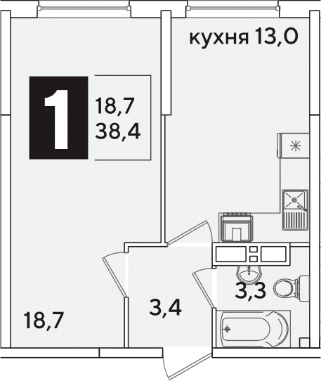 1-комн., 38.4 м², 11/16 этаж, ЖК «Самолет»