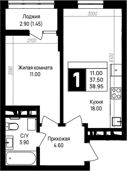1-комн., 37.5 м², 4/9 этаж, ЖК «На высоком берегу»