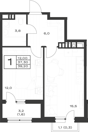 1-комн., 37.3 м², 3/4 этаж, ЖК «ЭкоСфера. ГК Во-первых»