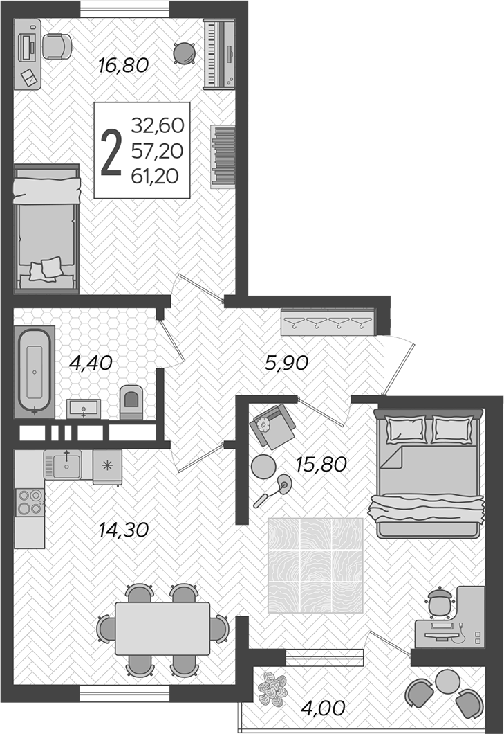 2-комн., 57.2 м², 4/10 этаж, ЖК «Горный квартал»