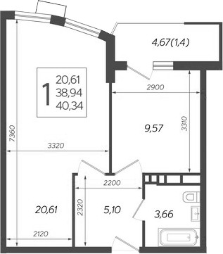 1-комн., 38.94 м², 18/21 этаж, ЖК «Режиссер»