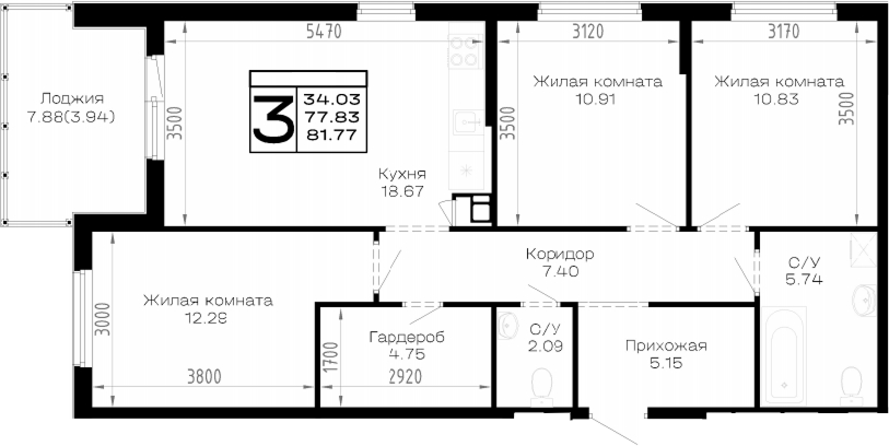 3-комн., 77.83 м², 3/4 этаж, ЖК «Усадьба Гостагаевская»