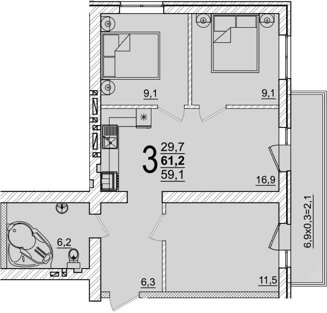 3-комн., 59.1 м², 4/5 этаж, ЖК «Дарград»
