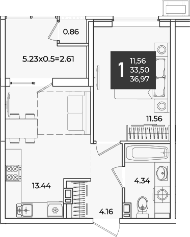 1-комн., 33.5 м², 7/18 этаж, ЖК «Образцово»