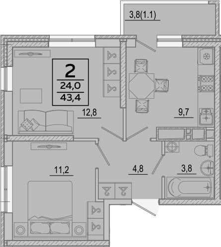 2-комн., 42.3 м², 16/24 этаж, ЖК «Улыбка»