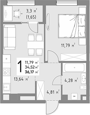 1-комн., 34.52 м², 8/9 этаж, ЖК «Коллекция»
