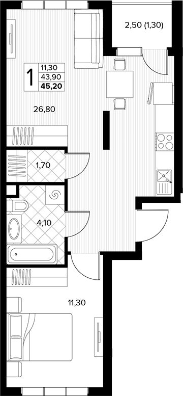 Продается 1-комн. квартира, 43.9 м²