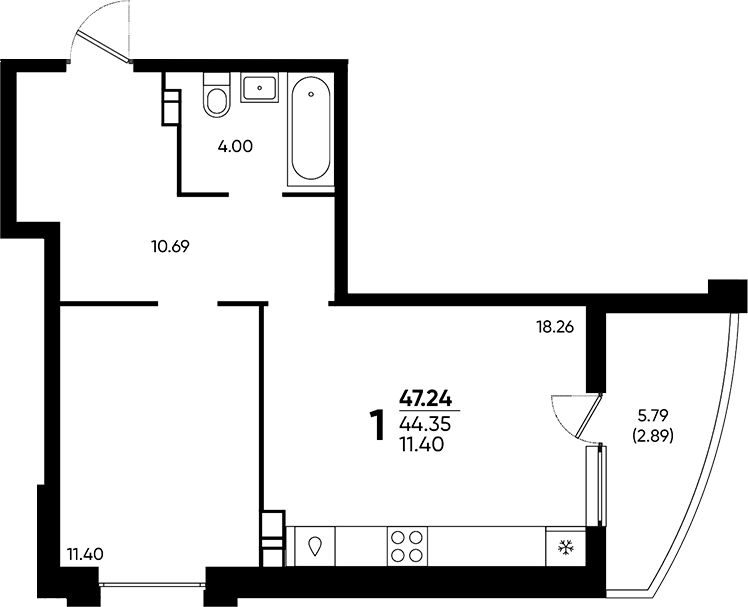 Продается 1-комн. квартира, 44.35 м²