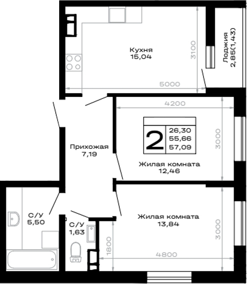 Продается 2-комн. квартира, 55.66 м²