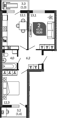 2-комн., 47.7 м², 20/23 этаж, ЖК «Облака»