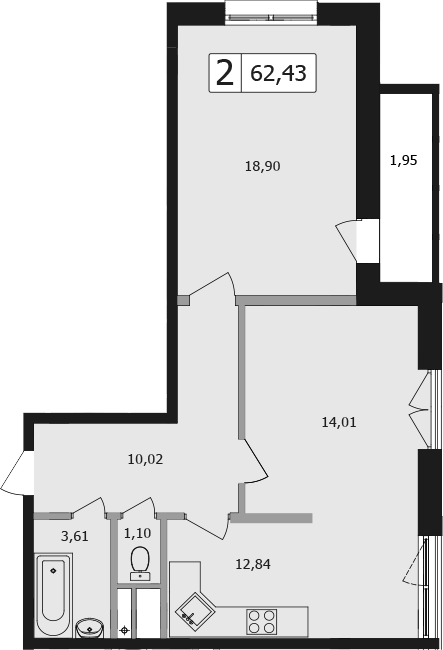 2-комн., 60.48 м², 4/16 этаж, ЖК «Жемчужина»