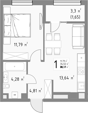 1-комн., 34.52 м², 9/9 этаж, ЖК «Коллекция»