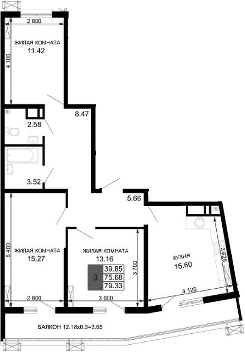 4+ комнаты, 75.68 м², 22/24 этаж, ЖК «Фонтаны»