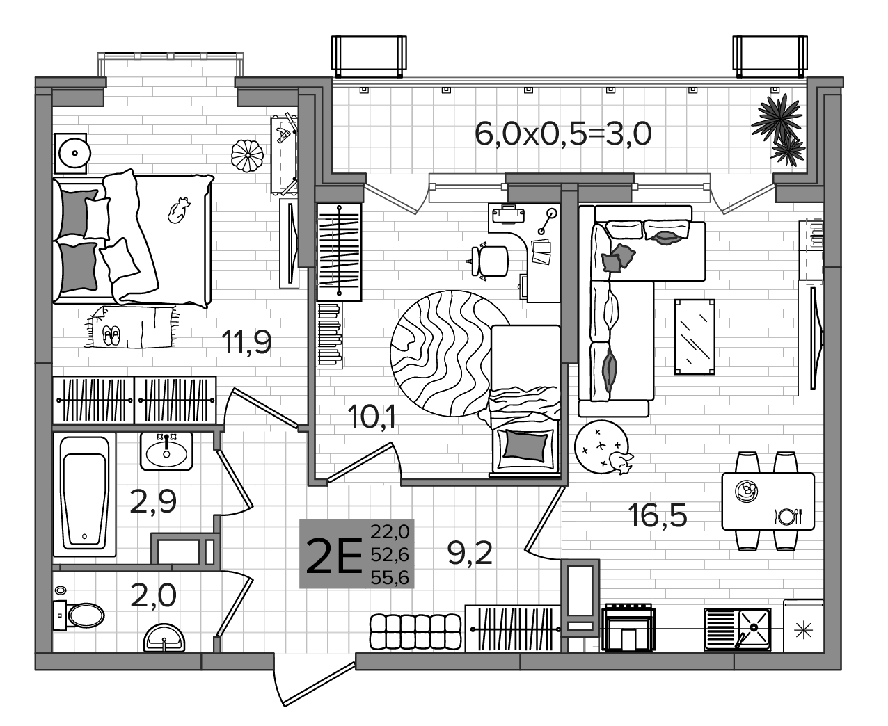 3-комн., 52.6 м², 12/16 этаж, ЖК «Сармат»