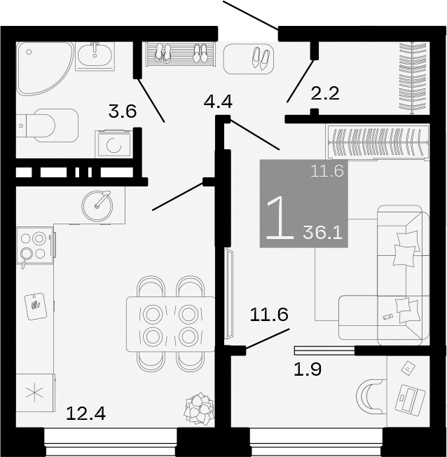 1-комн., 34.2 м², 2/8 этаж, ЖК «Хозяин Морей»