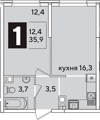 2-комн., 35.9 м², 4/16 этаж, ЖК «Самолет»