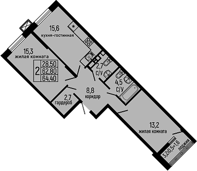2-комн., 62.8 м², 8/13 этаж, ЖК «Звезды»