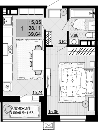 1-комн., 38.11 м², 10/12 этаж, ЖК «Дружба»