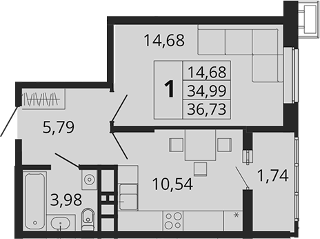 1-комн., 34.99 м², 13/18 этаж, ЖК «Родные Просторы»