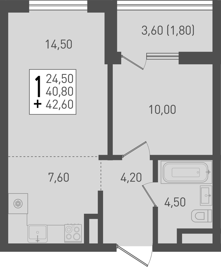 2-комн., 40.8 м², 3/8 этаж, ЖК «Югге»