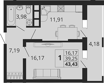 1-комн., 39.25 м², 4/18 этаж, ЖК «Родные Просторы»