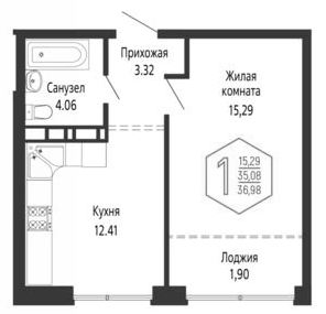 1-комн., 35.08 м², 12/16 этаж, ЖК «Гарантия PRIME»