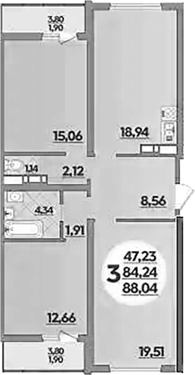 3-комн., 84.24 м², 6/9 этаж, ЖК «Предгорье Лаго-Наки»