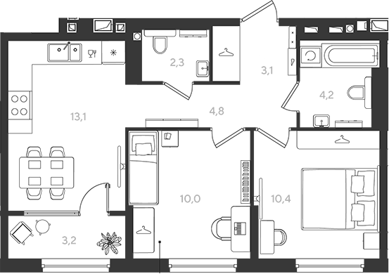 2-комн., 47.9 м², 6/9 этаж, ЖК «Самолет»