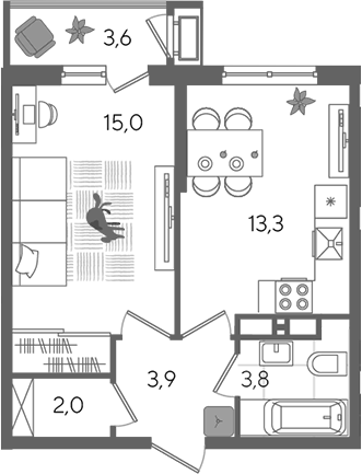1-комн., 38 м², 11/24 этаж, ЖК «Рекорд»