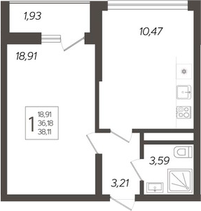 1-комн., 36.18 м², 7/19 этаж, ЖК «Кислород»